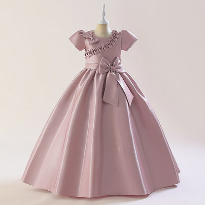 Robe Princesse Col Rond Manches Bouffantes pour Petite Fille d'Honneur avec Nœud