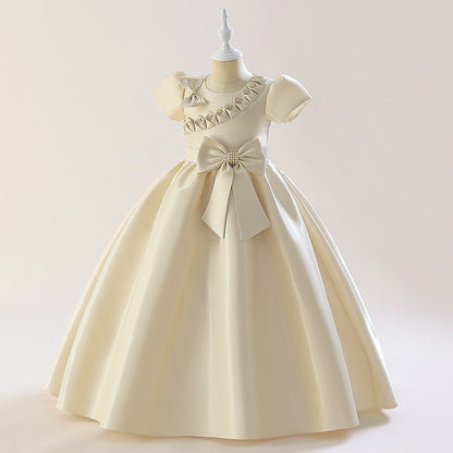 Robe Princesse Col Rond Manches Bouffantes pour Petite Fille d'Honneur avec Nœud