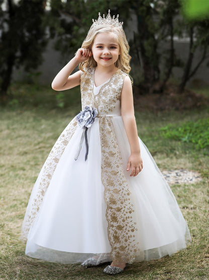 Robe Princesse Col en V sans Manches pour Petite Fille d'Honneur avec Ceinture