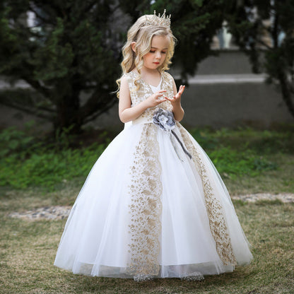 Robe Princesse Col en V sans Manches pour Petite Fille d'Honneur avec Ceinture