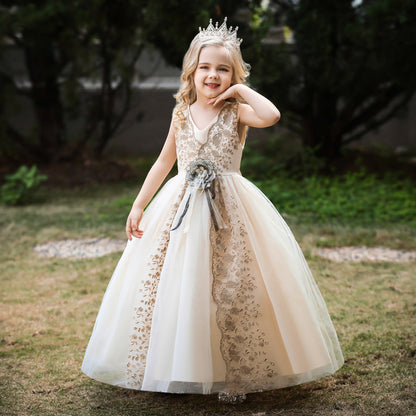 Robe Princesse Col en V sans Manches pour Petite Fille d'Honneur avec Ceinture