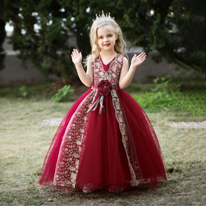 Robe Princesse Col en V sans Manches pour Petite Fille d'Honneur avec Ceinture