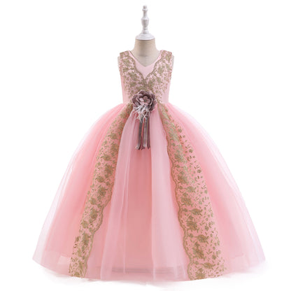 Robe Princesse Col en V sans Manches pour Petite Fille d'Honneur avec Ceinture