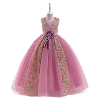 Robe Princesse Col en V sans Manches pour Petite Fille d'Honneur avec Ceinture