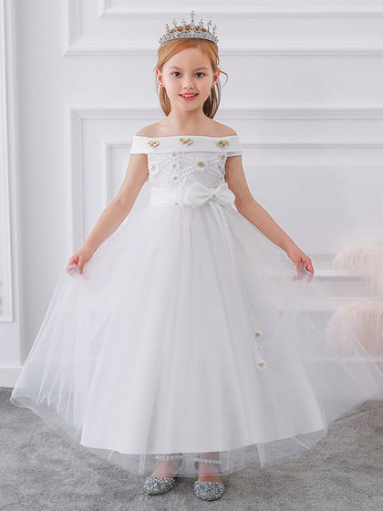 Robe Princesse Épaules Dénudées sans Manches pour Petite Fille d'Honneur avec Nœud