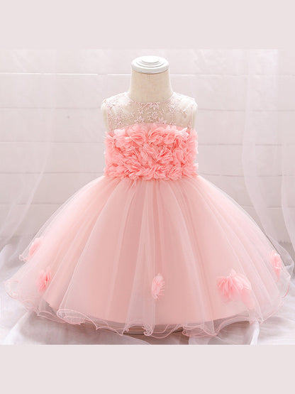 Robe Princesse Col Rond sans Manches pour Petite Fille d'Honneur avec Fleurs Solides