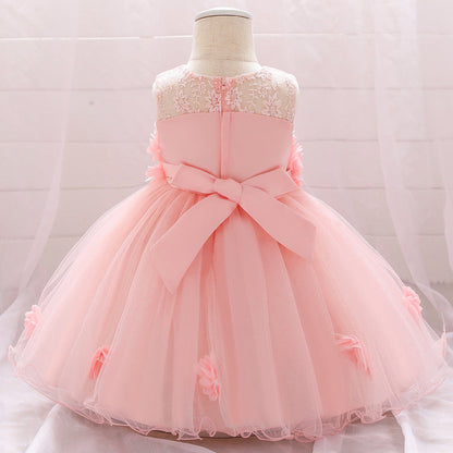 Robe Princesse Col Rond sans Manches pour Petite Fille d'Honneur avec Fleurs Solides