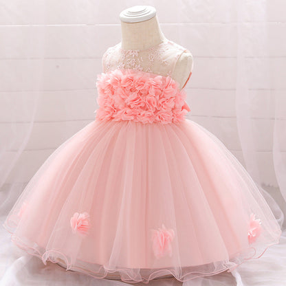 Robe Princesse Col Rond sans Manches pour Petite Fille d'Honneur avec Fleurs Solides