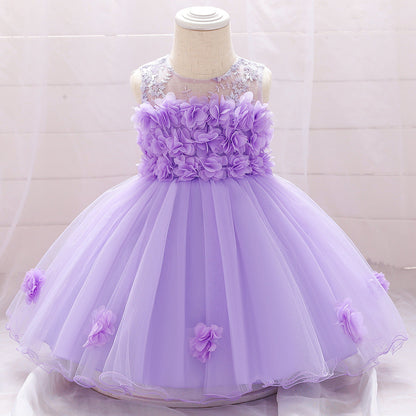 Robe Princesse Col Rond sans Manches pour Petite Fille d'Honneur avec Fleurs Solides