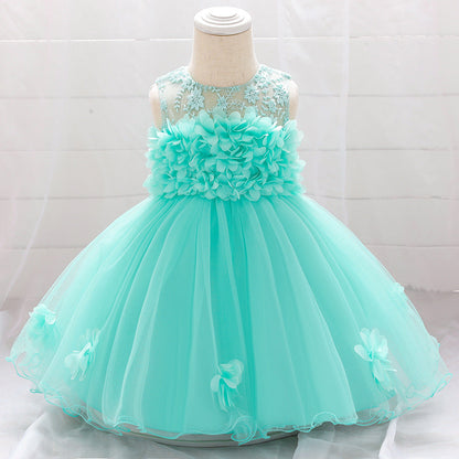 Robe Princesse Col Rond sans Manches pour Petite Fille d'Honneur avec Fleurs Solides