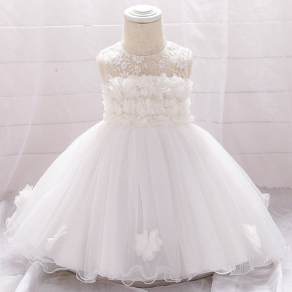 Robe Princesse Col Rond sans Manches pour Petite Fille d'Honneur avec Fleurs Solides