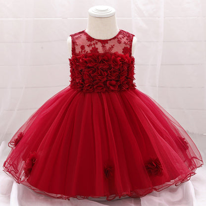 Robe Princesse Col Rond sans Manches pour Petite Fille d'Honneur avec Fleurs Solides