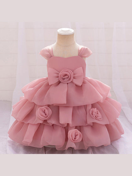 Robe Princesse Col Rond sans Manches pour Petite Fille d'Honneur avec Fleurs Solides