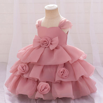 Robe Princesse Col Rond sans Manches pour Petite Fille d'Honneur avec Fleurs Solides