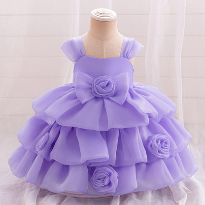 Robe Princesse Col Rond sans Manches pour Petite Fille d'Honneur avec Fleurs Solides