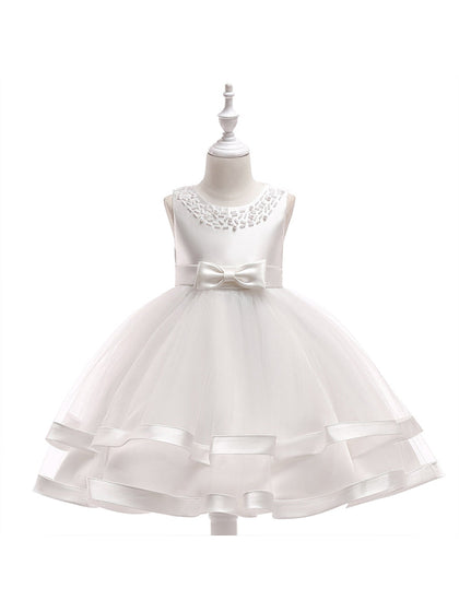 Robe Princesse Col Rond sans Manches pour Petite Fille d'Honneur avec Perles