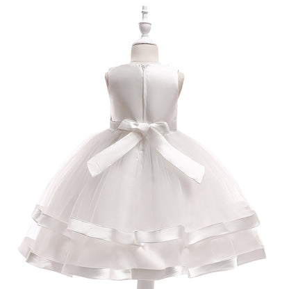 Robe Princesse Col Rond sans Manches pour Petite Fille d'Honneur avec Perles