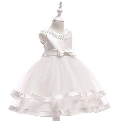 Robe Princesse Col Rond sans Manches pour Petite Fille d'Honneur avec Perles