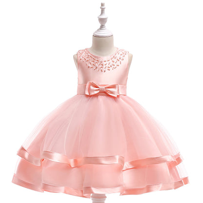 Robe Princesse Col Rond sans Manches pour Petite Fille d'Honneur avec Perles