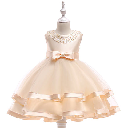 Robe Princesse Col Rond sans Manches pour Petite Fille d'Honneur avec Perles