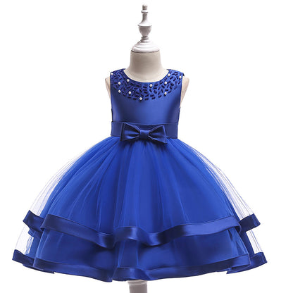 Robe Princesse Col Rond sans Manches pour Petite Fille d'Honneur avec Perles