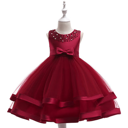 Robe Princesse Col Rond sans Manches pour Petite Fille d'Honneur avec Perles