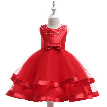 Robe Princesse Col Rond sans Manches pour Petite Fille d'Honneur avec Perles