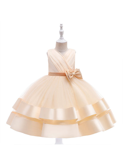 Robe Princesse Col en V sans Manches pour Petite Fille d'Honneur avec Nœud