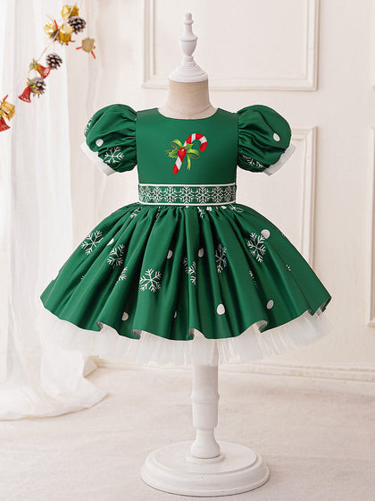 Robes de Noël Plissées à Manches Bouffantes et Coupe A-Line/Princess pour Filles