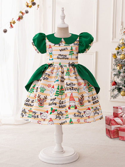 Robes de Noël Froncées à Manches Bouffantes et Coupe A-Line/Princess pour Filles