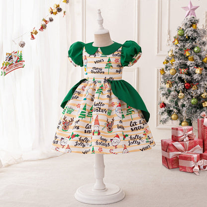 Robes de Noël Froncées à Manches Bouffantes et Coupe A-Line/Princess pour Filles