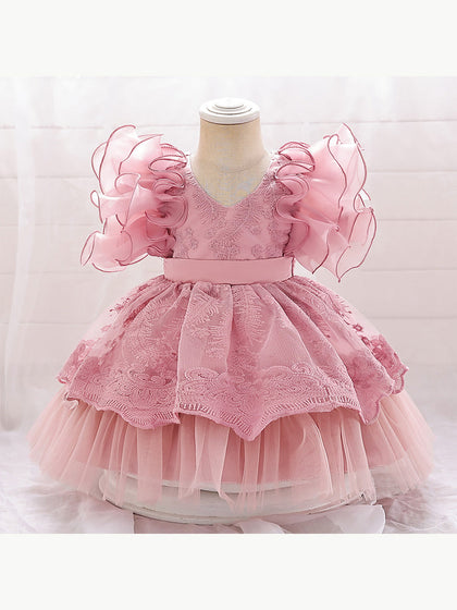 Robe Princesse Col en V Manches Volantes pour Petite Fille d'Honneur avec Appliques