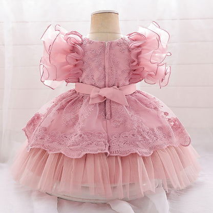 Robe Princesse Col en V Manches Volantes pour Petite Fille d'Honneur avec Appliques