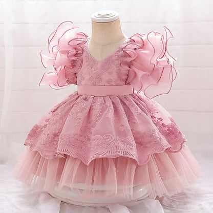 Robe Princesse Col en V Manches Volantes pour Petite Fille d'Honneur avec Appliques