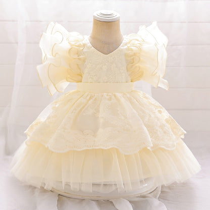 Robe Princesse Col en V Manches Volantes pour Petite Fille d'Honneur avec Appliques