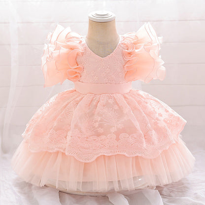 Robe Princesse Col en V Manches Volantes pour Petite Fille d'Honneur avec Appliques