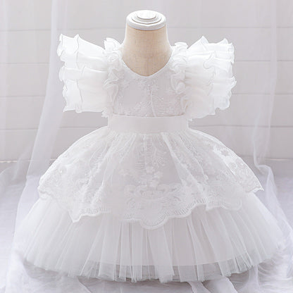 Robe Princesse Col en V Manches Volantes pour Petite Fille d'Honneur avec Appliques