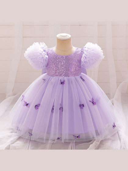 Robe Princesse Col Rond Manches Bouffantes pour Petite Fille d'Honneur avec Sequins