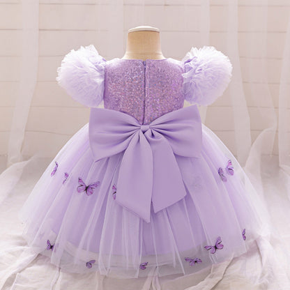 Robe Princesse Col Rond Manches Bouffantes pour Petite Fille d'Honneur avec Sequins