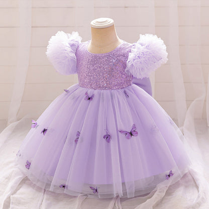 Robe Princesse Col Rond Manches Bouffantes pour Petite Fille d'Honneur avec Sequins