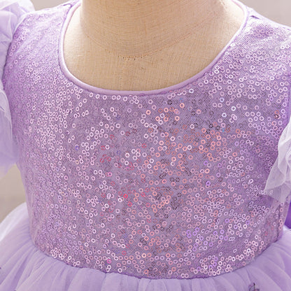 Robe Princesse Col Rond Manches Bouffantes pour Petite Fille d'Honneur avec Sequins