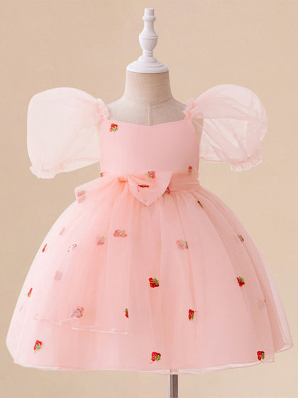 Robe Princesse Col Rond Manches Bouffantes pour Petite Fille d'Honneur avec Nœud