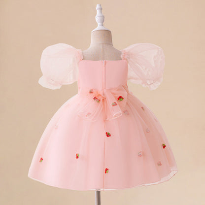 Robe Princesse Col Rond Manches Bouffantes pour Petite Fille d'Honneur avec Nœud