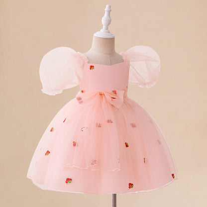 Robe Princesse Col Rond Manches Bouffantes pour Petite Fille d'Honneur avec Nœud