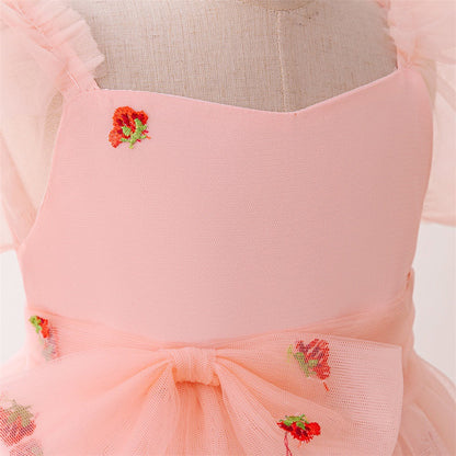 Robe Princesse Col Rond Manches Bouffantes pour Petite Fille d'Honneur avec Nœud