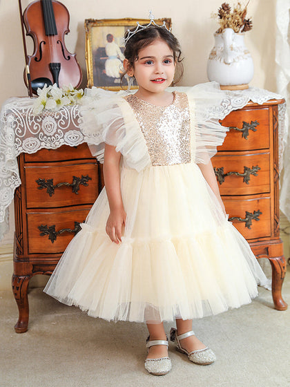 Robe Princesse Col Rond Manches Volantes pour Petite Fille d'Honneur avec Sequins