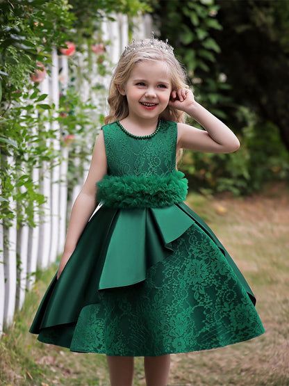 Robe Princesse Col Rond sans Manches pour Petite Fille d'Honneur avec Ceinture