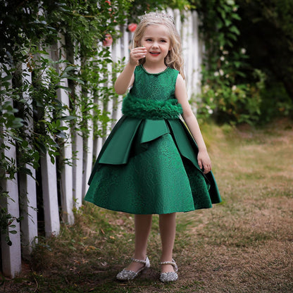 Robe Princesse Col Rond sans Manches pour Petite Fille d'Honneur avec Ceinture