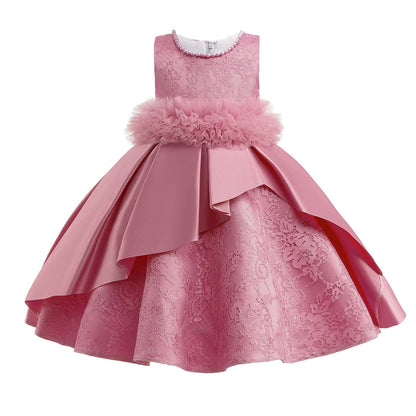 Robe Princesse Col Rond sans Manches pour Petite Fille d'Honneur avec Ceinture