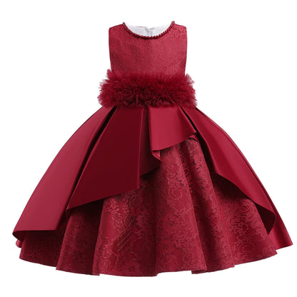 Robe Princesse Col Rond sans Manches pour Petite Fille d'Honneur avec Ceinture